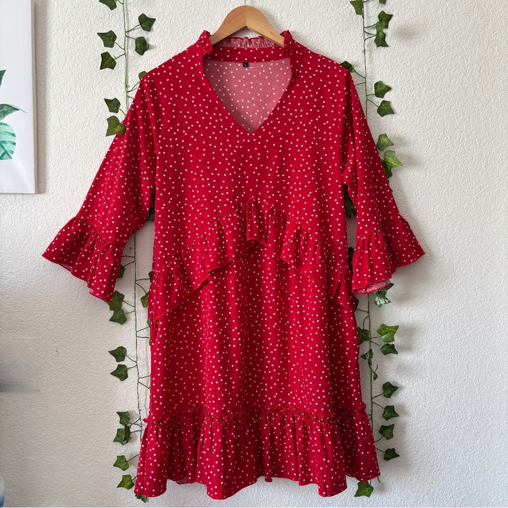Red Polka Dot Ruffle Tiered Bell Sleeve V Neck Dress Size L